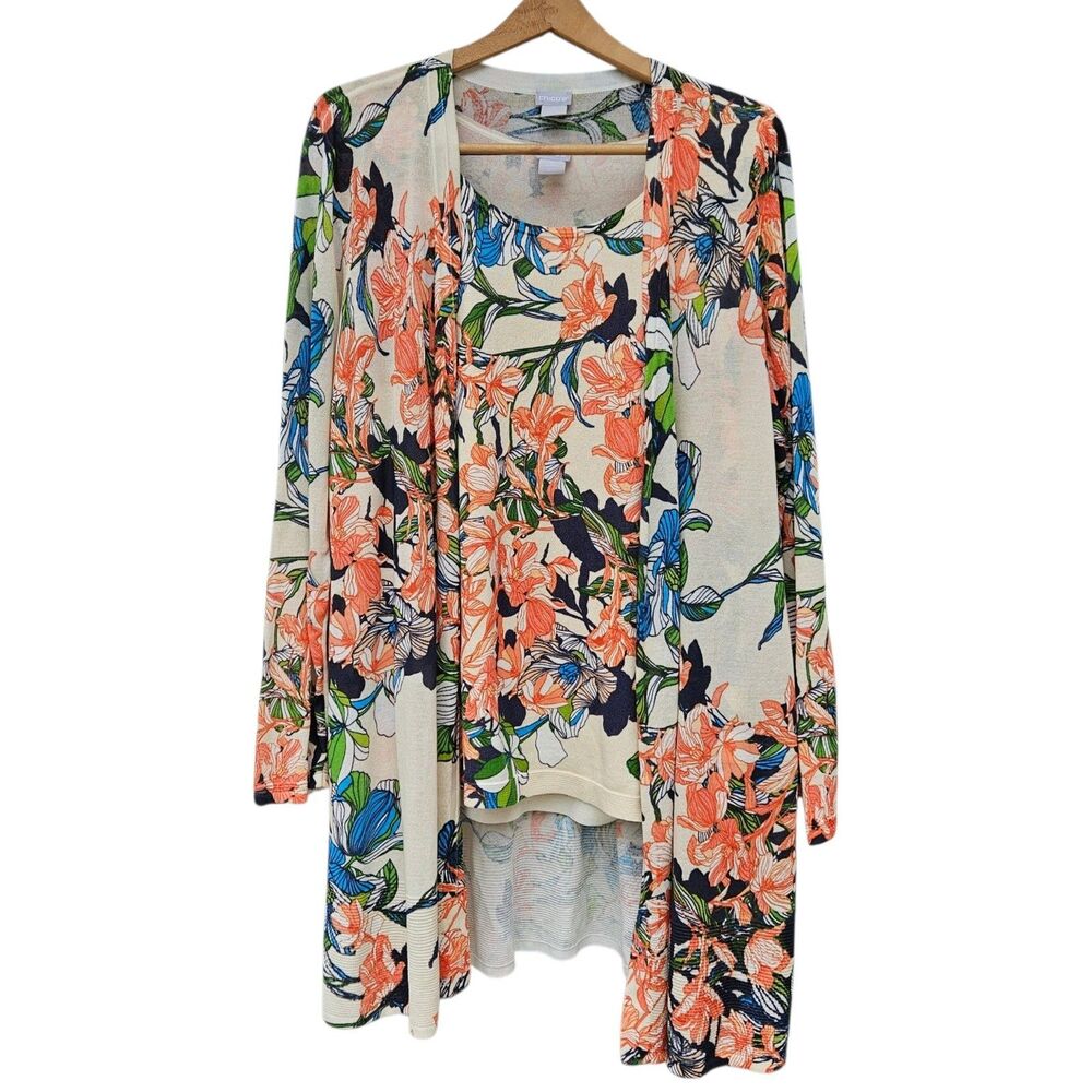 Chicos Womens Coral Turquoise Floral Cardigan and Tank Top Set  Size 3 US XL